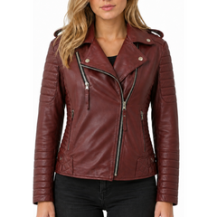 Women's Maroon Motorcycle Genuine Lambskin Leather Biker Jacket