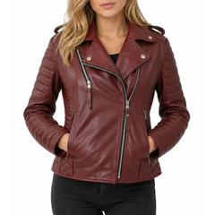 Women's Maroon Motorcycle Genuine Lambskin Leather Biker Jacket
