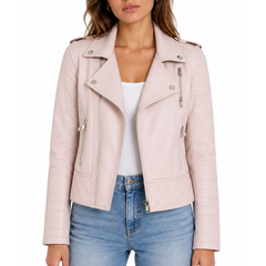 Women's Pink Motorcycle Biker Real Sheepskin Leather Jacket
