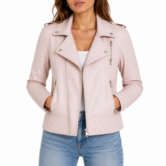 Women's Pink Motorcycle Biker Real Sheepskin Leather Jacket