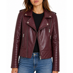 Women's Maroon Motorcycle Biker Real Sheepskin Leather Jacket