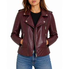 Women's Maroon Motorcycle Biker Real Sheepskin Leather Jacket