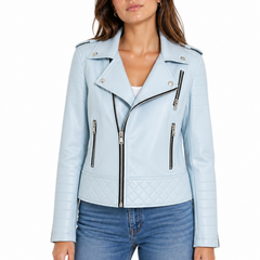 Women's Blue Motorcycle Biker Real Sheepskin Leather Jacket