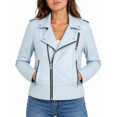 Women's Blue Motorcycle Biker Real Sheepskin Leather Jacket