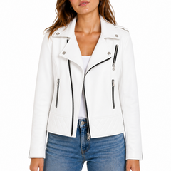 Women's White Motorcycle Biker Real Sheepskin Leather Jacket