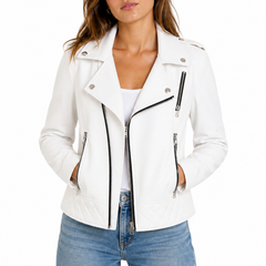 Women's White Motorcycle Biker Real Sheepskin Leather Jacket