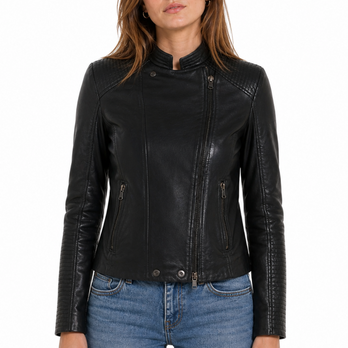 Women's Padded Slim Fit Racer Black Leather Jacket