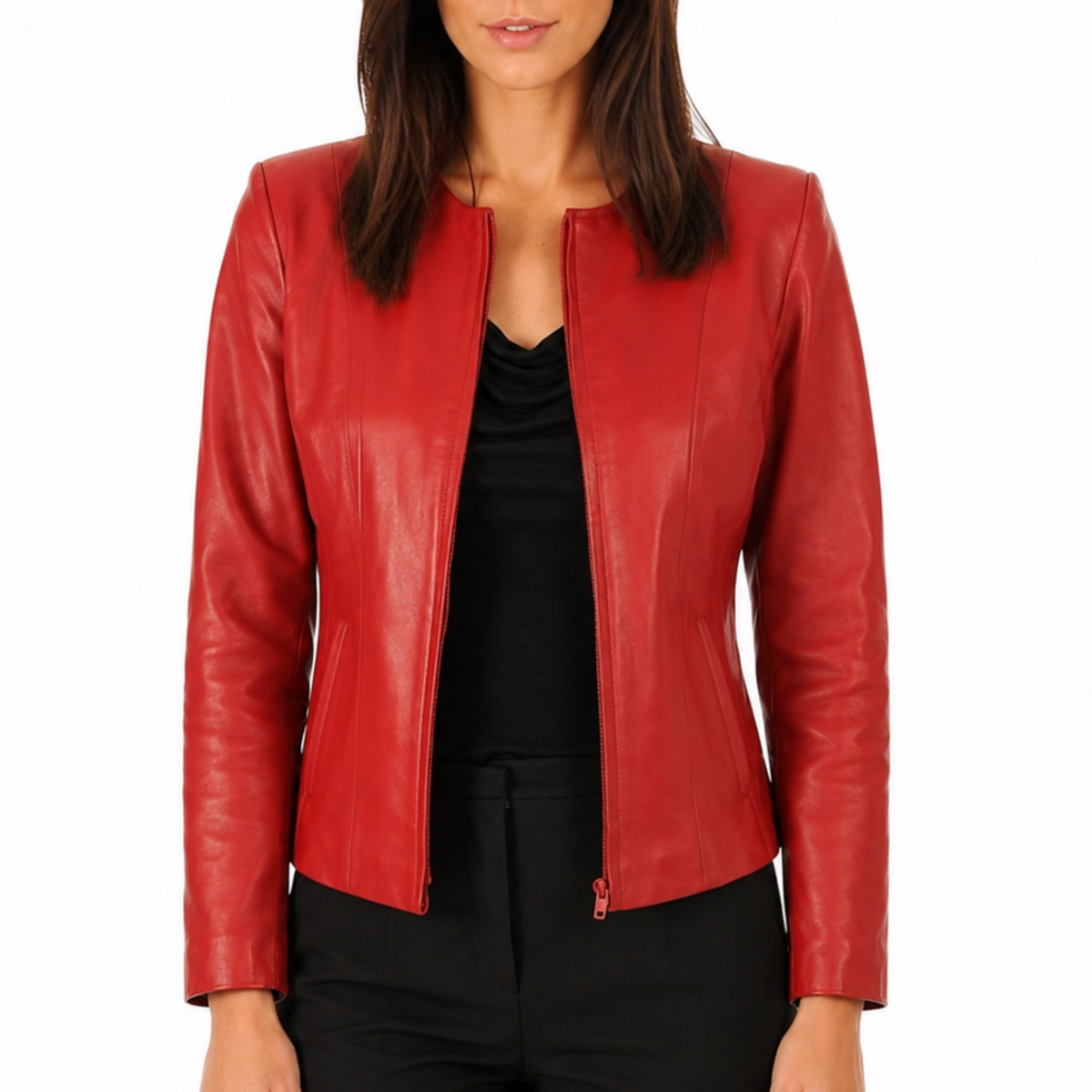 Women's Red Genuine Lambskin Cafe Racer Slim-Fit Leather Jacket