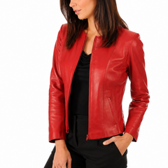 Women's Red Genuine Lambskin Cafe Racer Slim-Fit Leather Jacket