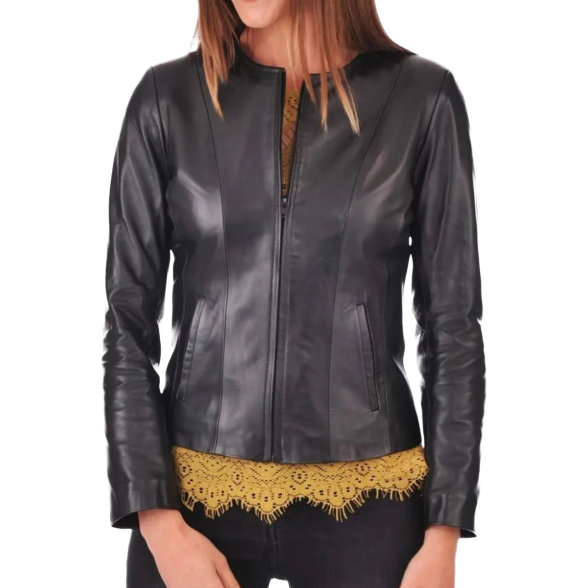 Women's Black Genuine Lambskin Café Racer Slim-Fit Leather Jacket