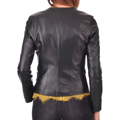 Women's Black Genuine Lambskin Café Racer Slim-Fit Leather Jacket