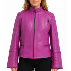 Women's Quilted Cuffs Pink Genuine Leather Cafe Racer Motorcycle Jacket