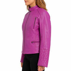 Women's Quilted Cuffs Pink Genuine Leather Cafe Racer Motorcycle Jacket