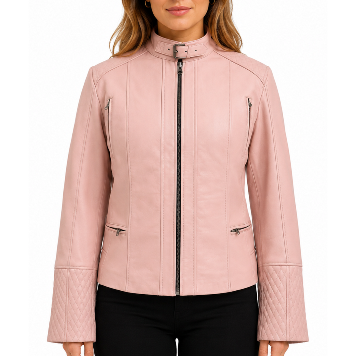 Women's Quilted Cuffs Light Pink Genuine Leather Cafe Racer Motorcycle Jacket