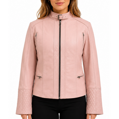 Women's Quilted Cuffs Light Pink Genuine Leather Cafe Racer Motorcycle Jacket
