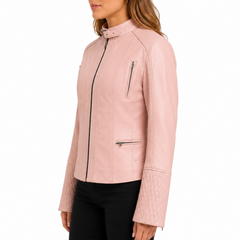 Women's Quilted Cuffs Light Pink Genuine Leather Cafe Racer Motorcycle Jacket