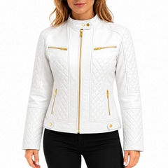 Women's White Quilted Golden Hardware Cafe Racer Genuine Leather Jacket
