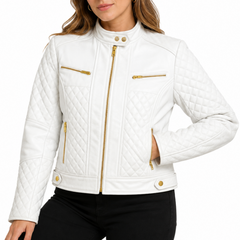 Women's White Quilted Golden Hardware Cafe Racer Genuine Leather Jacket