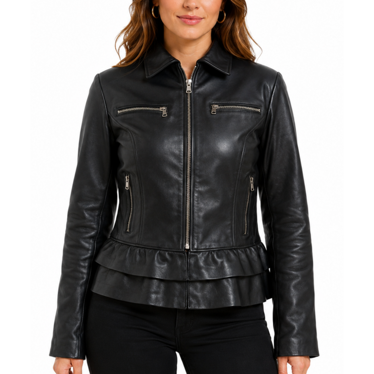 Women's Black Frog Style Genuine Lambskin Cafe Racer Leather Jacket