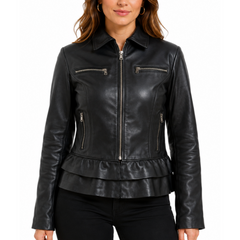 Women's Black Frog Style Genuine Lambskin Cafe Racer Leather Jacket