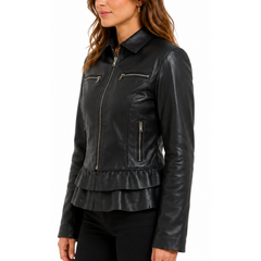 Women's Black Frog Style Genuine Lambskin Cafe Racer Leather Jacket