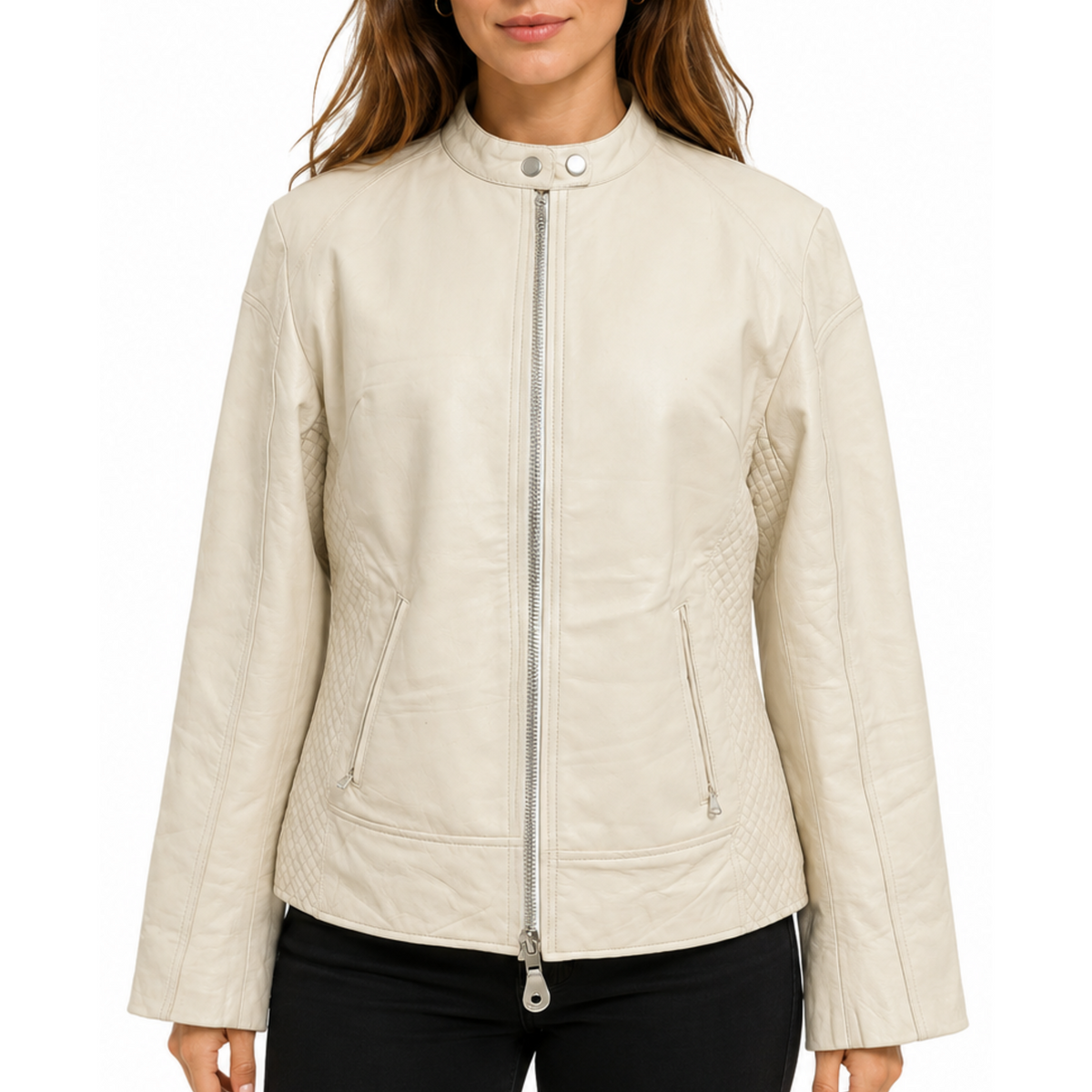 Women's Beige Quilted Cafe Racer Genuine Lambskin Leather Jacket