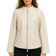 Women's Beige Quilted Cafe Racer Genuine Lambskin Leather Jacket