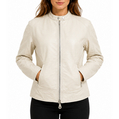 Women's Beige Quilted Cafe Racer Genuine Lambskin Leather Jacket