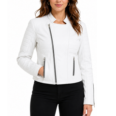 Women's White Padded Cafe Racer Genuine Leather Jacket