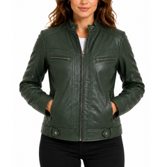 Women's Dark Green Genuine Lambskin Cafe Racer Leather Jacket