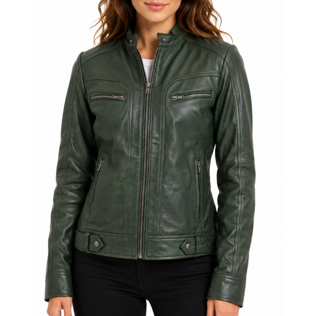 Women's Dark Green Genuine Lambskin Cafe Racer Leather Jacket