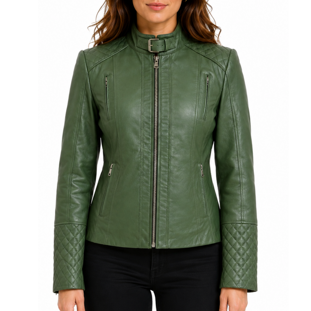 Women's Green Quilted Belted Collar Cafe Racer Leather Jacket