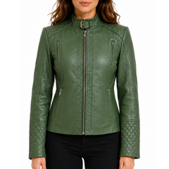 Women's Green Quilted Belted Collar Cafe Racer Leather Jacket