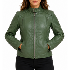 Women's Green Quilted Belted Collar Cafe Racer Leather Jacket
