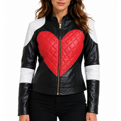 Women's Red Heart Quilted Black And White Racer Leather Jacket
