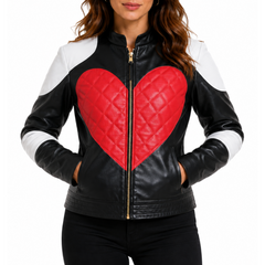 Women's Red Heart Quilted Black And White Racer Leather Jacket