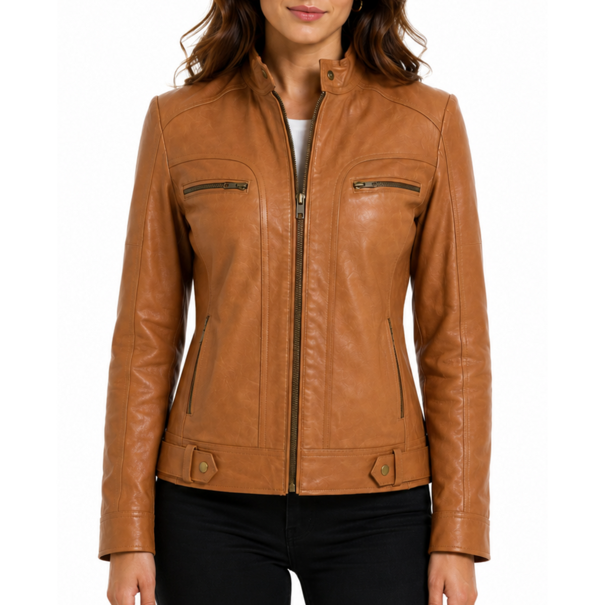 Women's Tan Genuine Lambskin Cafe Racer Leather Jacket