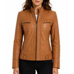 Women's Tan Genuine Lambskin Cafe Racer Leather Jacket