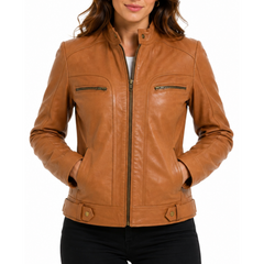 Women's Tan Genuine Lambskin Cafe Racer Leather Jacket