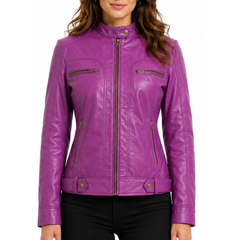 Women's Pink Genuine Lambskin Cafe Racer Leather Jacket
