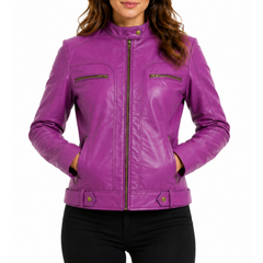 Women's Pink Genuine Lambskin Cafe Racer Leather Jacket
