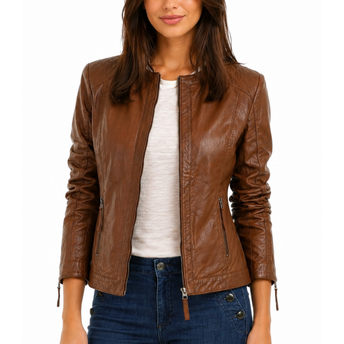 Women's Brown Geniune Lambskin Cafe Racer Slim-Fit Leather Jacket