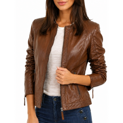 Women's Brown Geniune Lambskin Cafe Racer Slim-Fit Leather Jacket