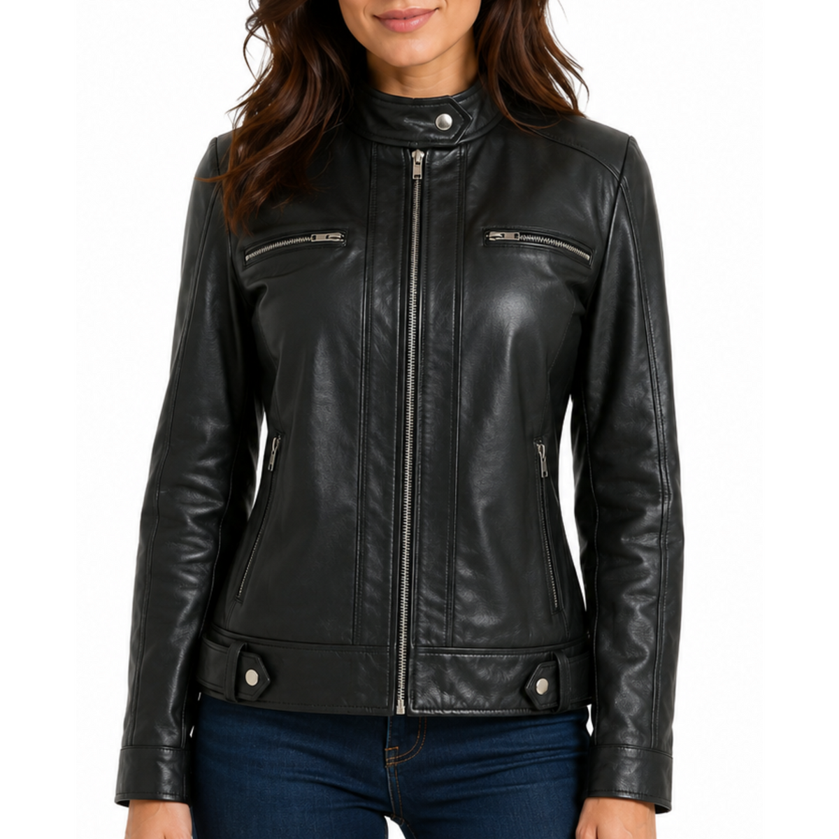 Women's Black Genuine Lambskin Cafe Racer Leather Jacket