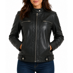 Women's Black Genuine Lambskin Cafe Racer Leather Jacket