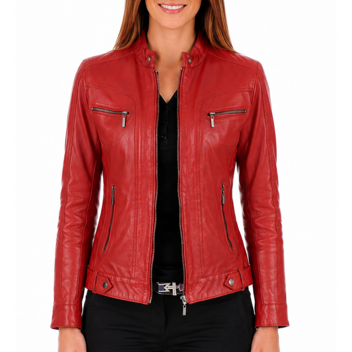 Women's Red Genuine Lambskin Café Racer Leather Jacket