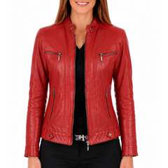 Women's Red Genuine Lambskin Café Racer Leather Jacket