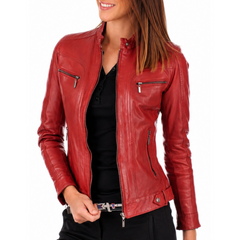Women's Red Genuine Lambskin Café Racer Leather Jacket