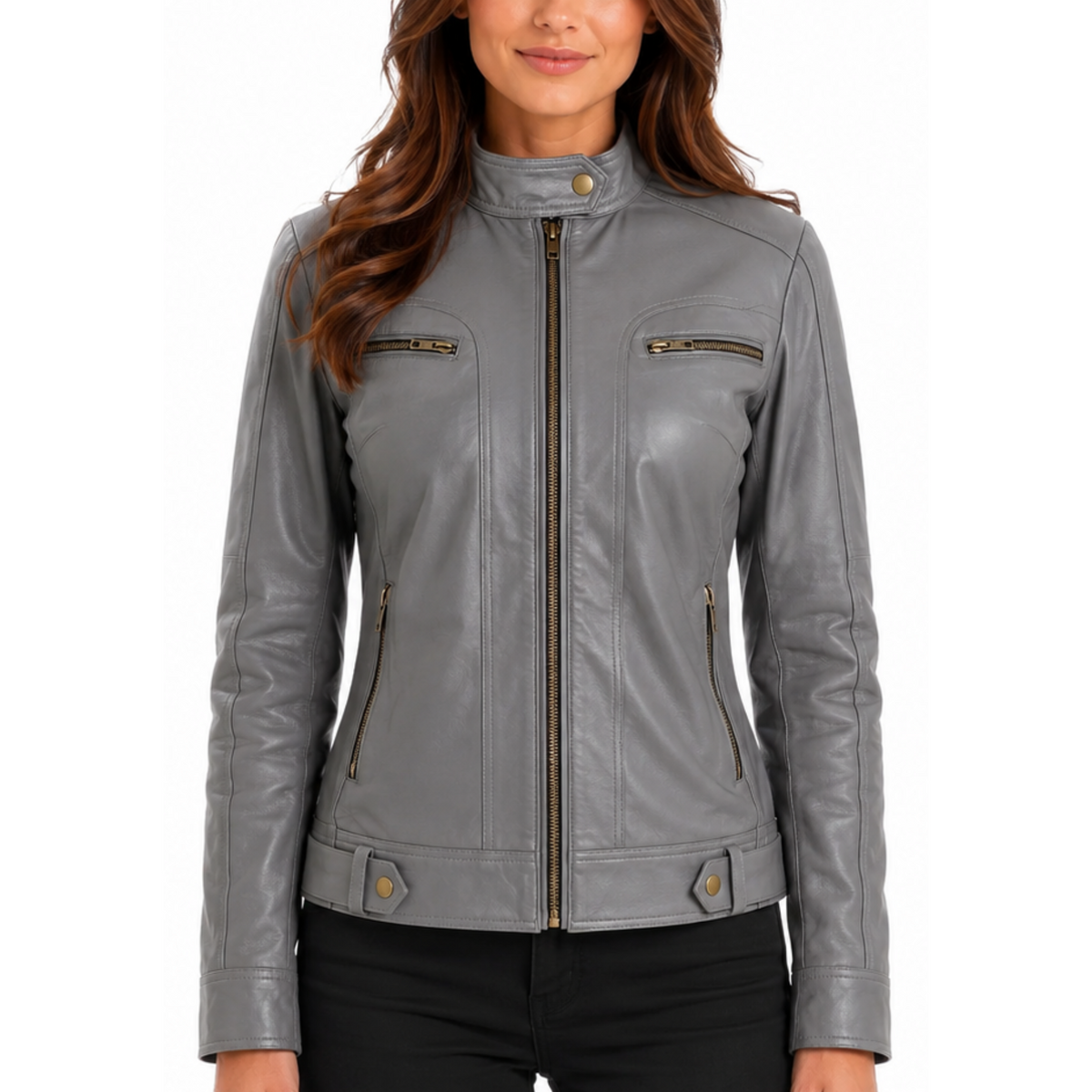 Women's Waxed Grey Genuine Lambskin Cafe Racer Leather Jacket