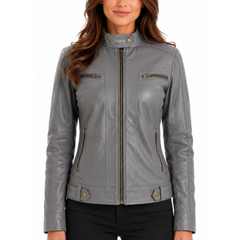 Women's Waxed Grey Genuine Lambskin Cafe Racer Leather Jacket
